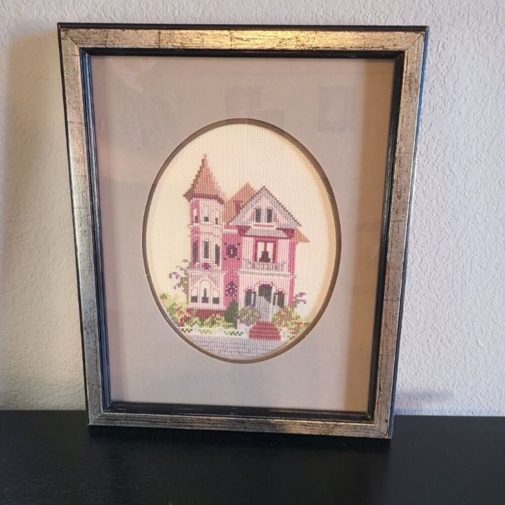 Judith Kirby Queen Anne Victorian House Framed Cross Stitch Wall Art Needlework